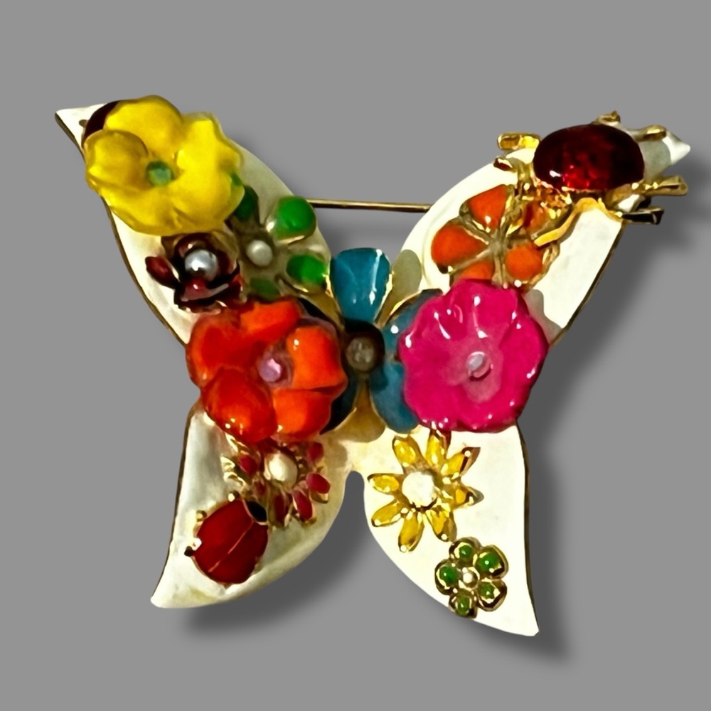 Vintage Butterfly Pin Brooch Enamel Colorful Flowers Ladybugs 2" x 2" Mod 70s